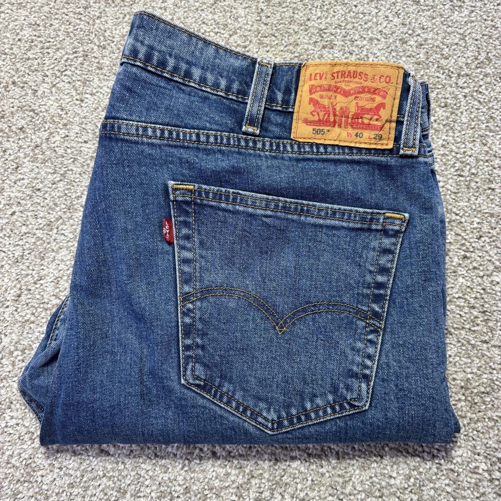 Levis 505 Jeans Mens 40x29 Blue Medium Wash Regular Straight Stretch Denim Pants